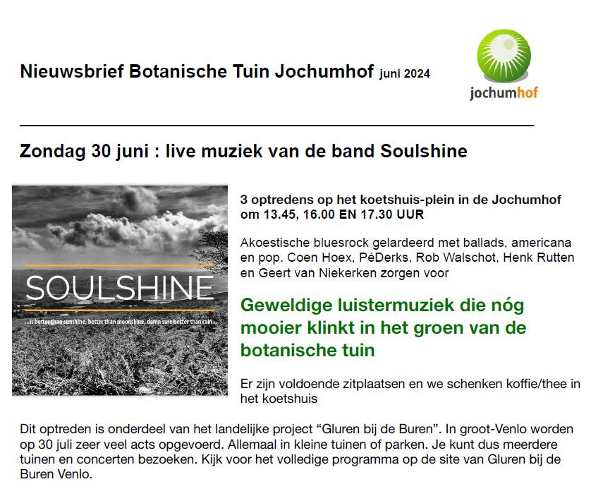 Zondag 30 juni: live muziek van de band Soulshine
